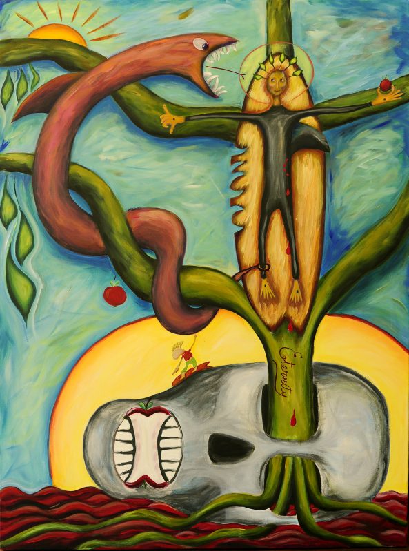 "Jesus Wears a Wetsuit - No Worries" On the board of the cross, the surfer sacrifices fear of death and desire for the ultimate wave, gaining eternal life. Acrylic on canvas/900x1200mm