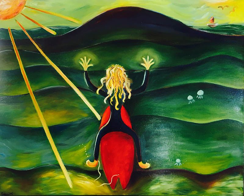 "Calling on Huey for the Wave of the Day" What we do when we've been sitting waiting for a while.
Oil on Canvas/450x600mm