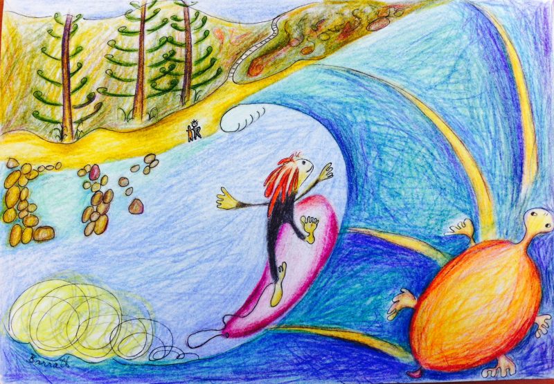"Gecko goes backdoor under the turtle sun"  A4/Ink and coloured pencil on paper