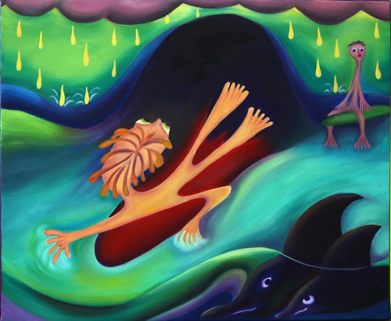 "Innocent Dolphins" Overcast, raining, and two fins come towards us - dolphins do this for a laugh. 
Oil on canvas /450x600mm