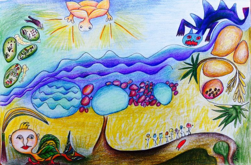 "Morning at Shelly Beach. A line of surfers watch the monster waves looming around the headland, A turkey sits under the shelter of the caravan, And Gecko snorkles with the wobbegongs"  A4/Ink and coloured pencil on paper