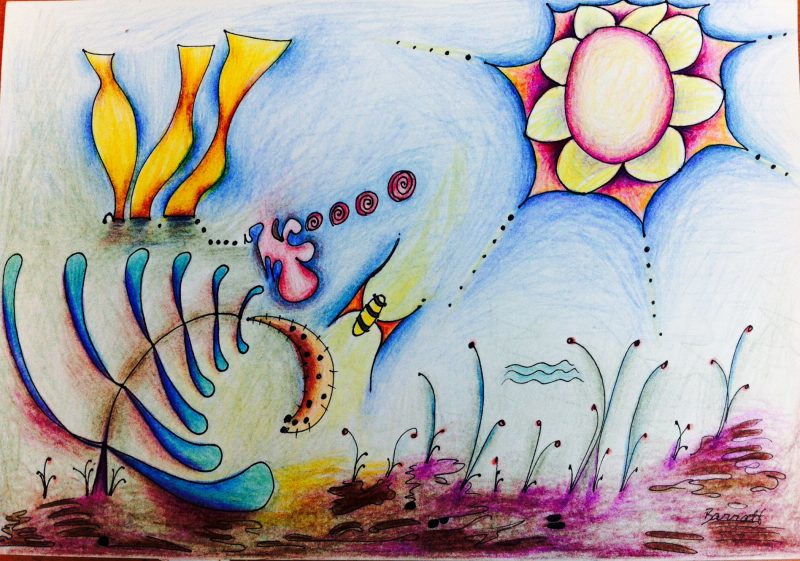 "Released from the sand, The bee flew past the wind shells and the swaying pine, Towards the three sky spirits"  A4/Ink and coloured pencil on paper