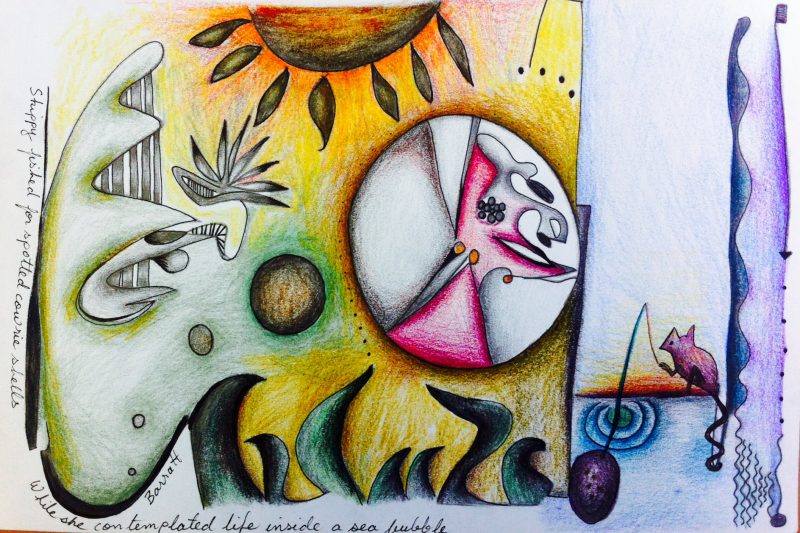 "Skippy fished for spotted cowrie shells, Whilst she contemplated life inside a sea bubble"  A4/Ink and coloured pencil on paper