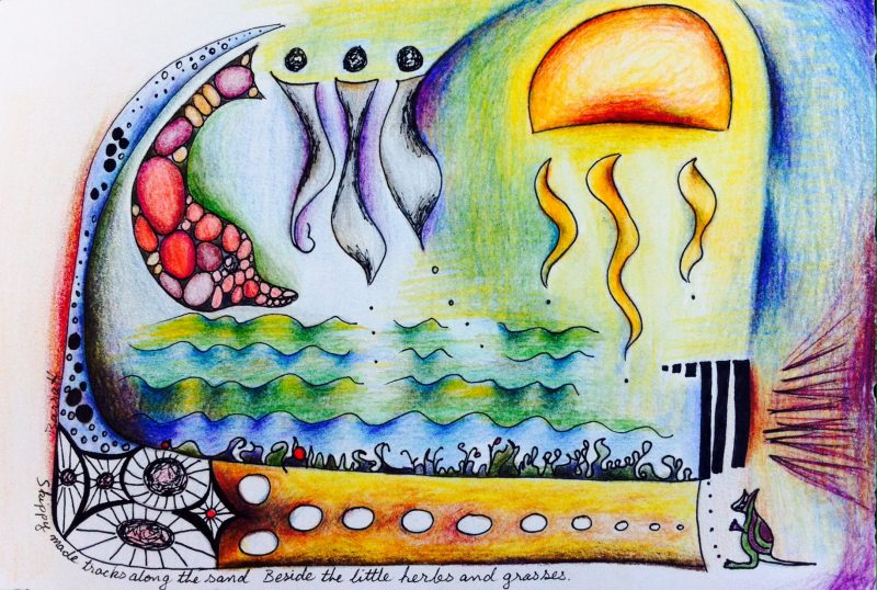 "Skippy made tracks along the sand, Beside the little herbs and grasses"  A4/Ink and coloured pencil on paper