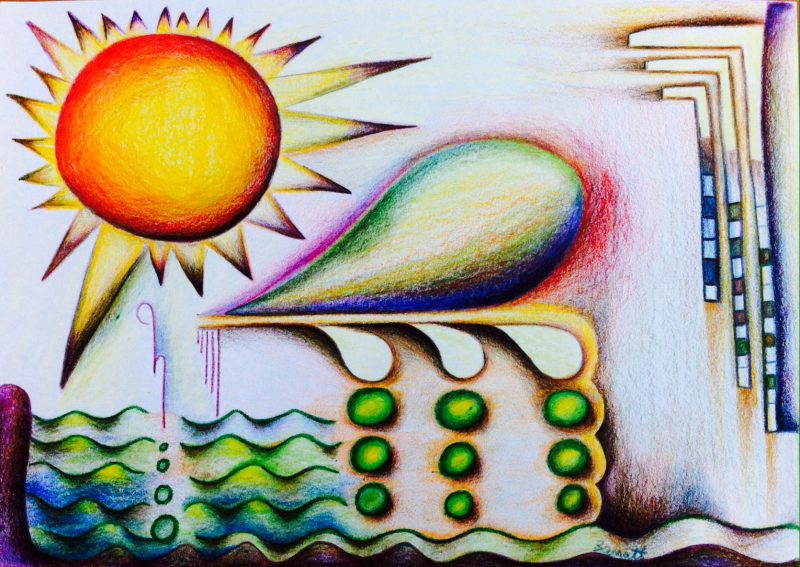 "There in my path gently lay a pool of hope, Warming in the sun, On legs of green sea bubbles."  
A4  Ink and coloured pencil on paper