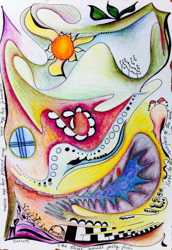 "Warmed by the sun, and pulled by the moon, the three small jelly fish, rose to the surface of the sea."
A4/Ink and coloured pencil on paper