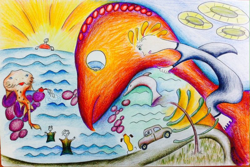 "Whilst Gecko rode the orange turkey, and th spotted wobbegong topped up the lagoon for the bobbing teabags, Verna the yellow Vespa stood up in wonder and watched" 
A4/Ink and coloured pencil on paper