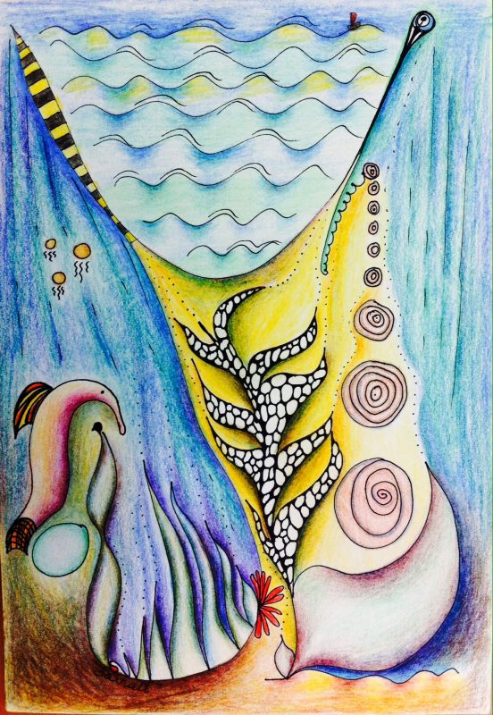 "Beneath the holy grail of the waves, The seaweeds and jellyfish, Lived their lives in quiet contemplation"  A4/Ink and coloured pencil on paper