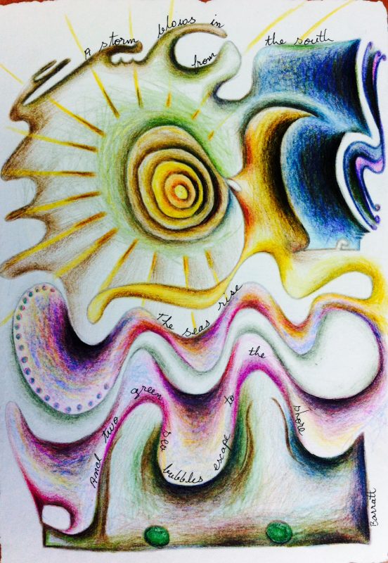 "A storm blows in from the south, The seas rise, And two green sea bubbles escape to the shore"  A4/Ink and coloured pencil on paper